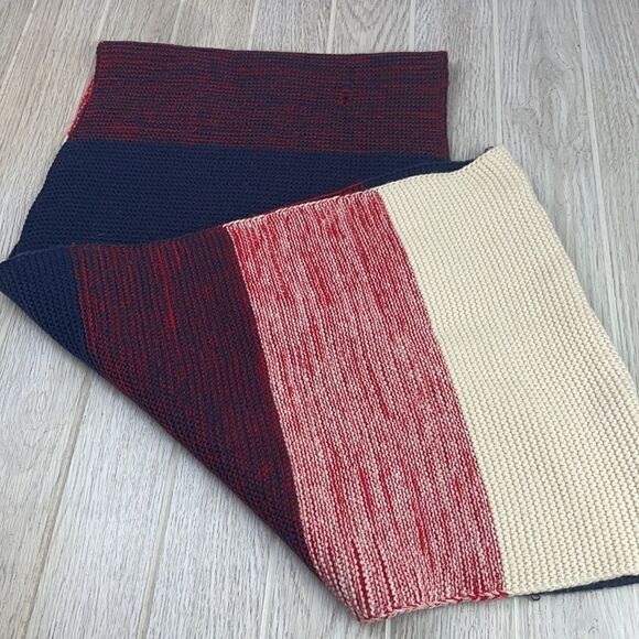 Look.  Knit unisex Red, Blue and Tan Infinity Scarf - Picture 3 of 9